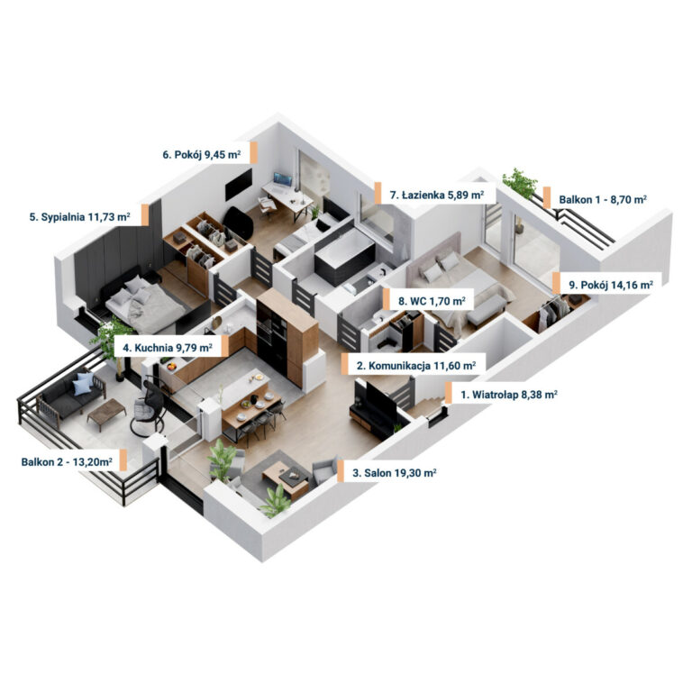 Rzut 3D domu szeregowego w Tarnowskich Górach - Morello Apartamenty - Korax 46 Development