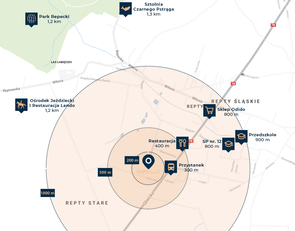 Lokalizacja osiedla domów szeregowych w Tarnowskich Górach - Morello Apartamenty - Korax 46 Development
